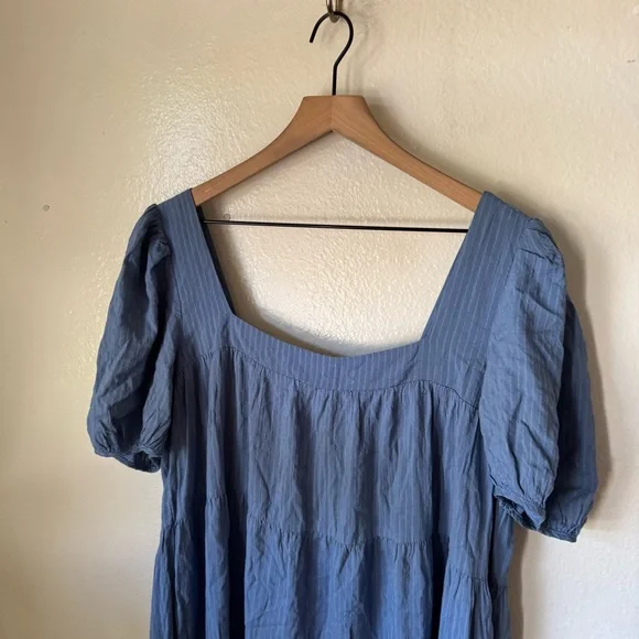 Lulus | Happy Tiers Denim Blue Striped Puff Sleeve Midi Dress - Picture 3 of 7